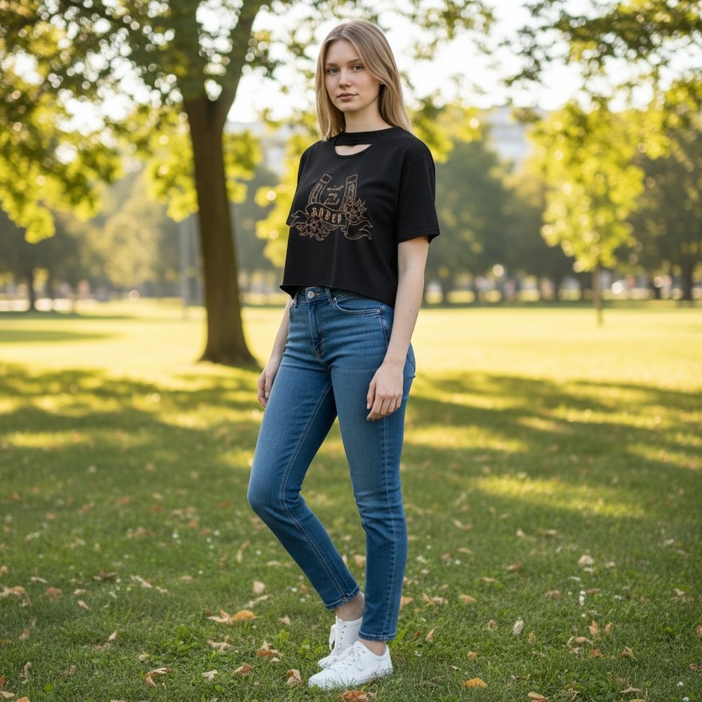 Popular Girl Black Cropped Tee Womens XL Ain't My First Rodeo Graphic Cutout